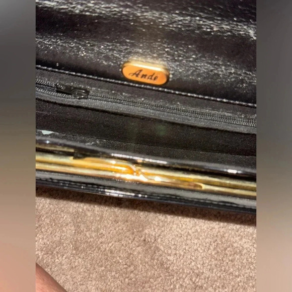 Vintage Ande' Mid Century Black patent leather Quilted Purse W shoulder strap - Picture 11 of 12